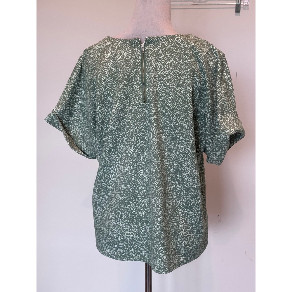 Melloday Womens Sage Green Speckled V-Neck Cuffed Short Sleeve Zipper Back Top L - Picture 3 of 4